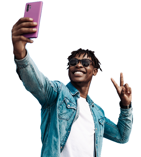 Man holding up purple-pinkish smartphone and posing doing a peace sign