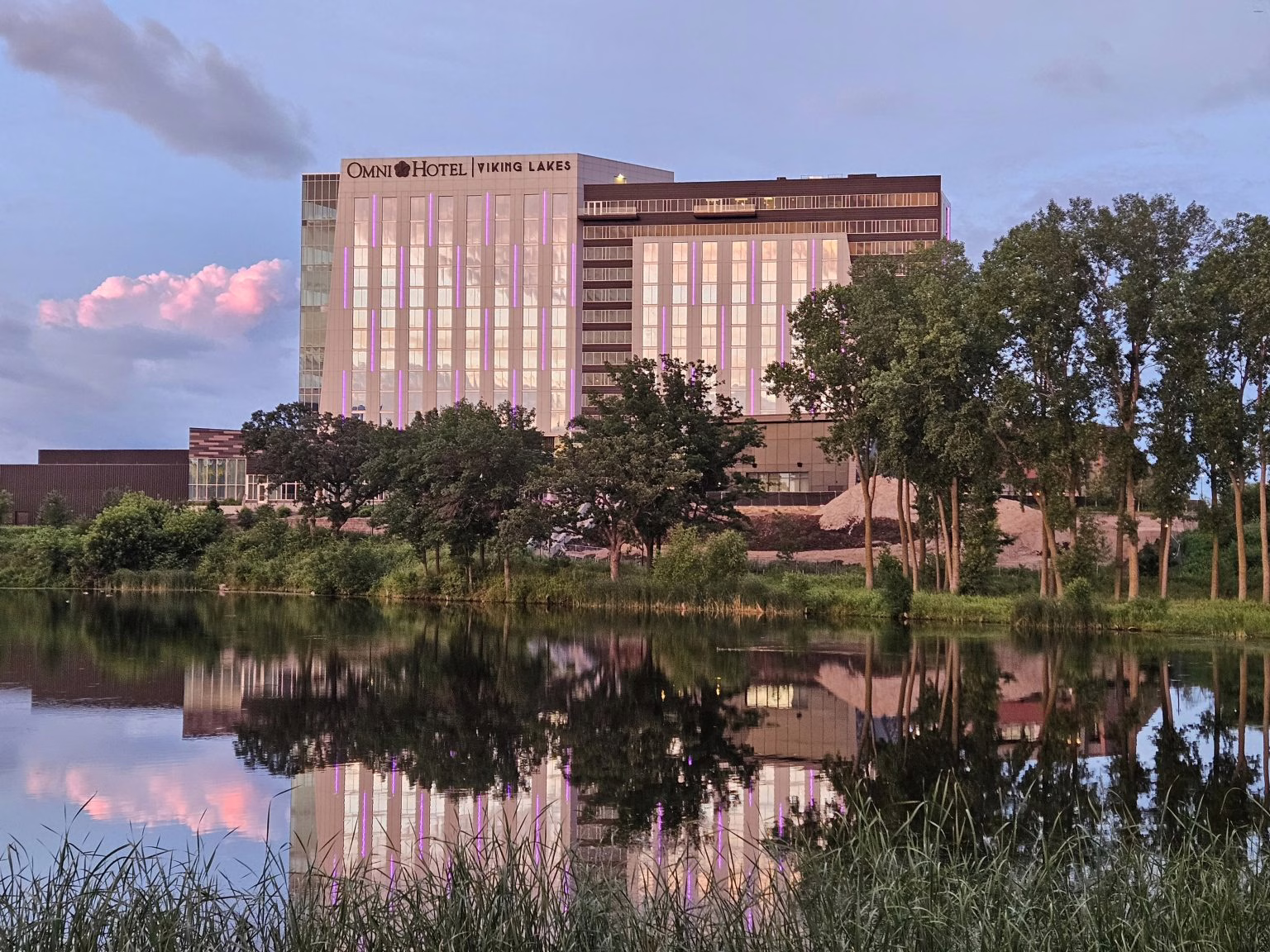 hotel with lake in front